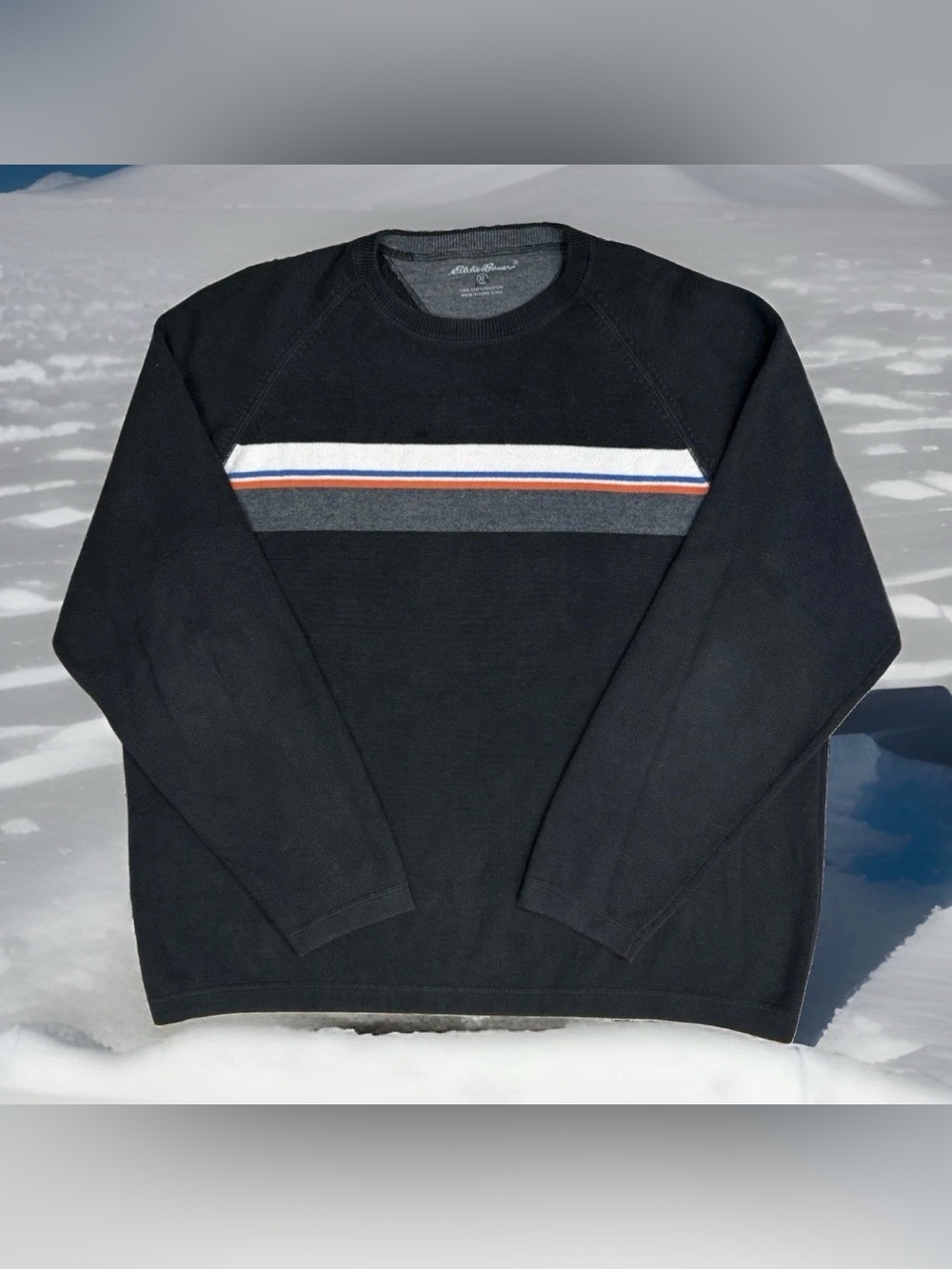 Eddie Bauer Mens Size XL Crew Neck Long Sleeve Black Sweater Grey Stripe Y2K Ski
